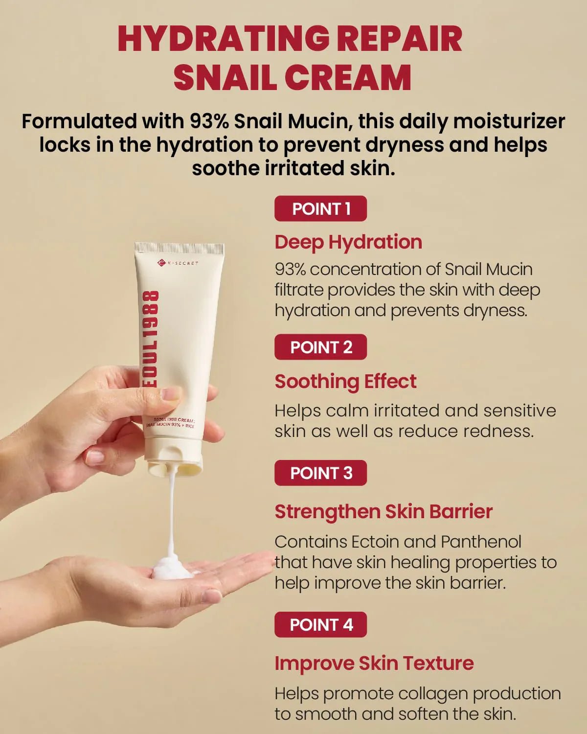 K - SECRET SEOUL 1988 Cream: Snail Mucin 93% + Rice 100 ml - Zayluxe Care